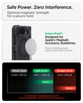 ACS11689 - iPhone Duo Ultra Hybrid Pro (Mag Fit) in Frost Black showing magnetic charger attachment and a chart comparing magnetic holding strength levels