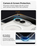  ACS11688 - iPhone Duo Ultra Hybrid Pro (Mag Fit) in Clear White showing raised edges around the screen and camera with measurements and a close-up illustration of corner air cushion protection.