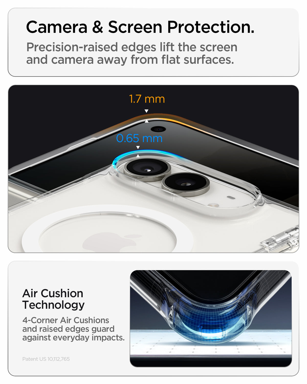  ACS11688 - iPhone Duo Ultra Hybrid Pro (Mag Fit) in Clear White showing raised edges around the screen and camera with measurements and a close-up illustration of corner air cushion protection.