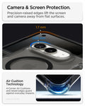 ACS11689 - iPhone Duo Ultra Hybrid Pro (Mag Fit) in Frost Black showing raised camera and screen edges with measurements and an air cushion corner protection illustration