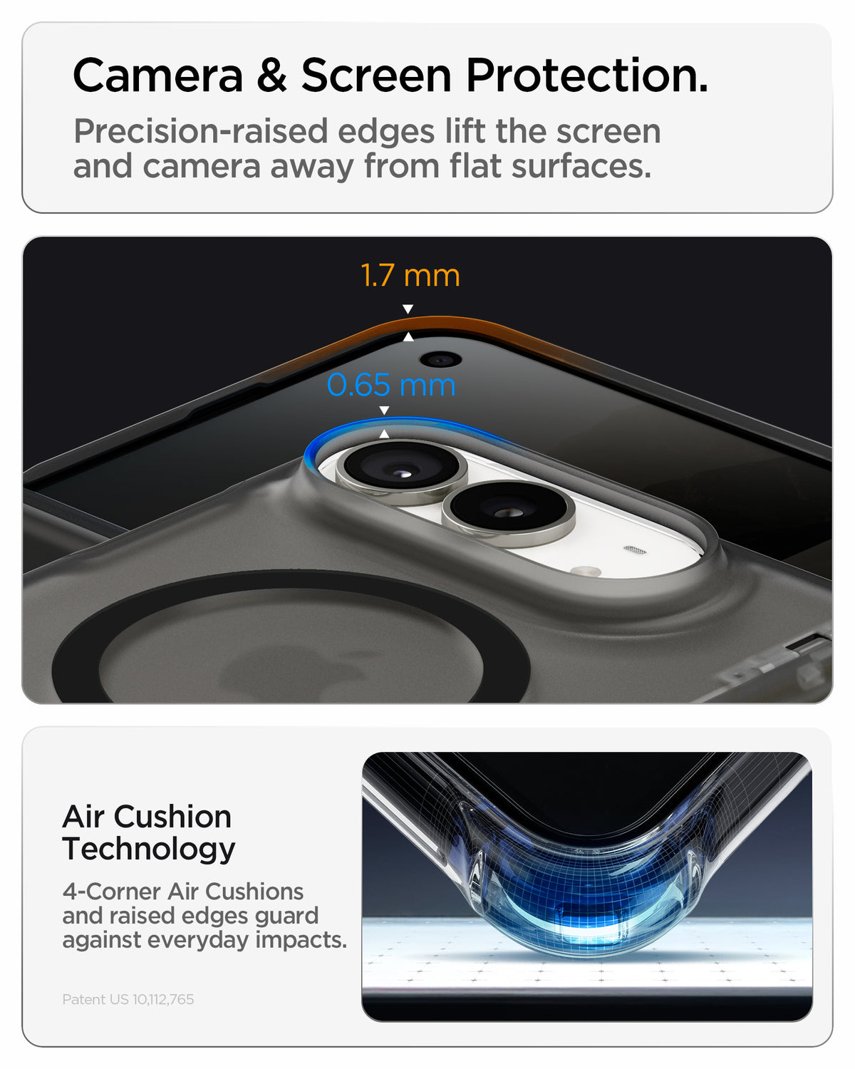 ACS11689 - iPhone Duo Ultra Hybrid Pro (Mag Fit) in Frost Black showing raised camera and screen edges with measurements and an air cushion corner protection illustration