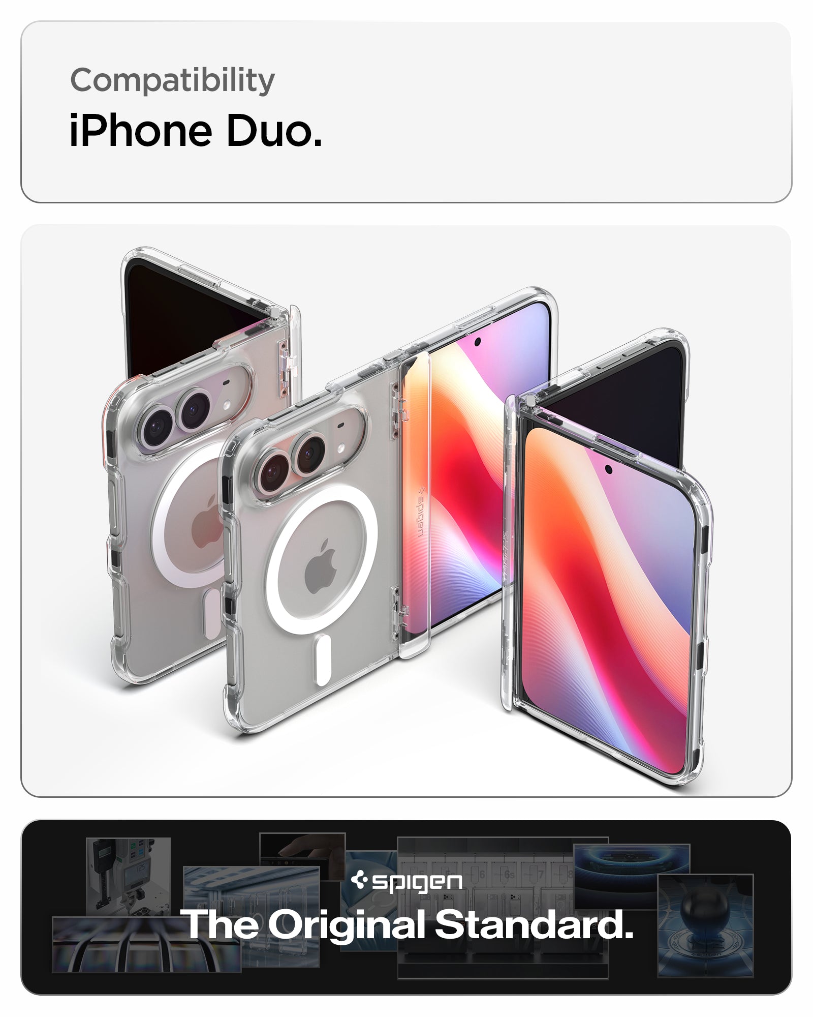 ACS11688 - iPhone Duo Ultra Hybrid Pro (Mag Fit) in Clear White showing compatibility across multiple folded and unfolded configurations
