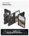 ACS11689 - iPhone Duo Ultra Hybrid Pro (Mag Fit) in Frost Black showing multiple views of the foldable phone case with a compatibility label and product branding