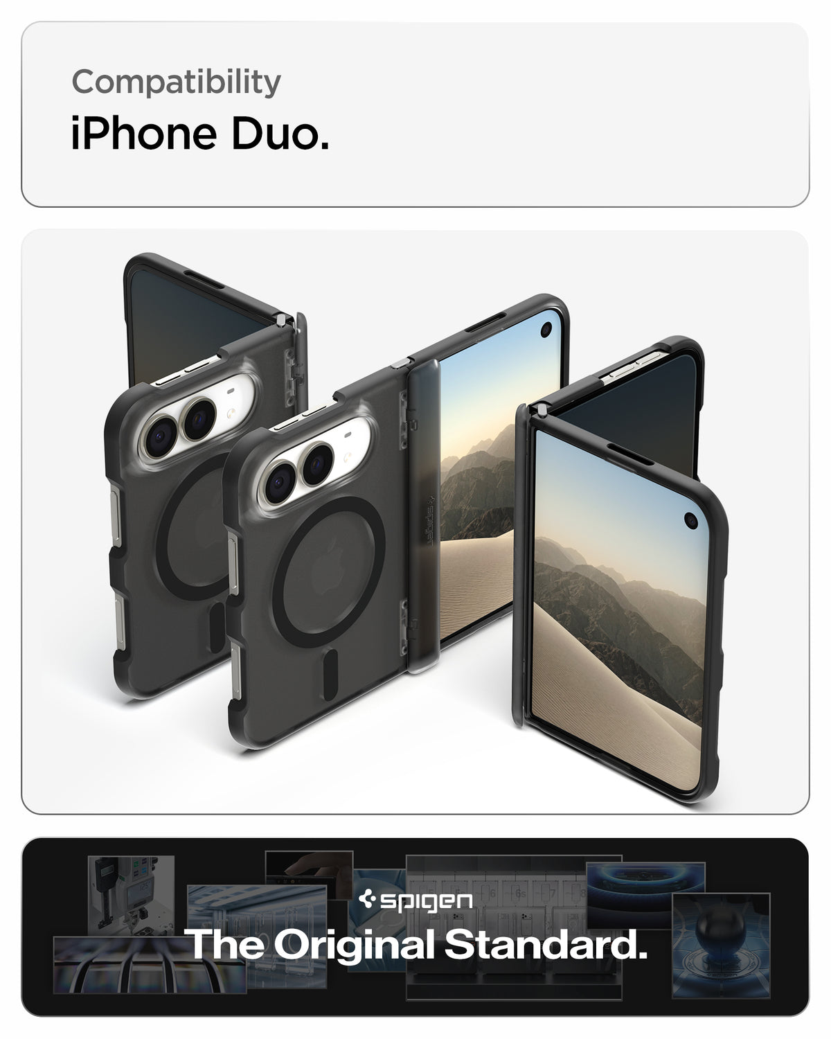 ACS11689 - iPhone Duo Ultra Hybrid Pro (Mag Fit) in Frost Black showing multiple views of the foldable phone case with a compatibility label and product branding