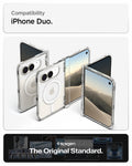  ACS11688 - iPhone Duo Ultra Hybrid Pro (Mag Fit) in Clear White showing multiple views of a foldable phone in a transparent case at different angles, with a compatibility heading and product branding.