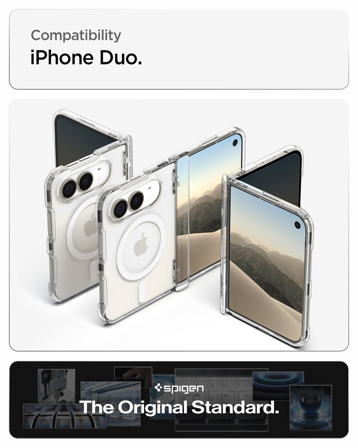  ACS11688 - iPhone Duo Ultra Hybrid Pro (Mag Fit) in Clear White showing multiple views of a foldable phone in a transparent case at different angles, with a compatibility heading and product branding.
