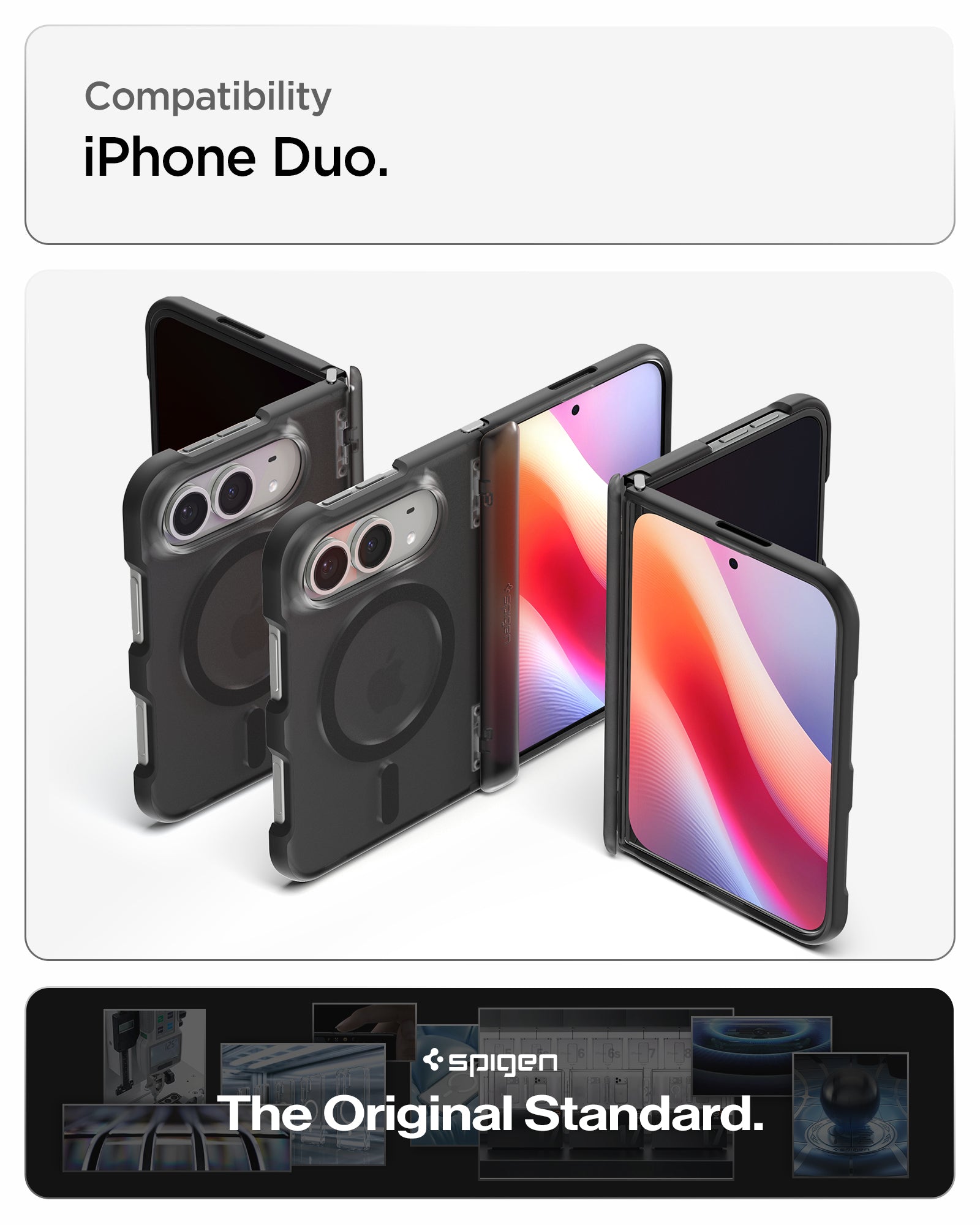 ACS11689 - iPhone Duo Ultra Hybrid Pro (Mag Fit) in Frost Black showing compatibility across multiple folded and unfolded configurations