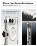  ACS11688 - iPhone Duo Ultra Hybrid Pro (Mag Fit) in Clear White showing black adhesive strips visible through a transparent phone case, with close-up views of the adhesive placement along the edges.