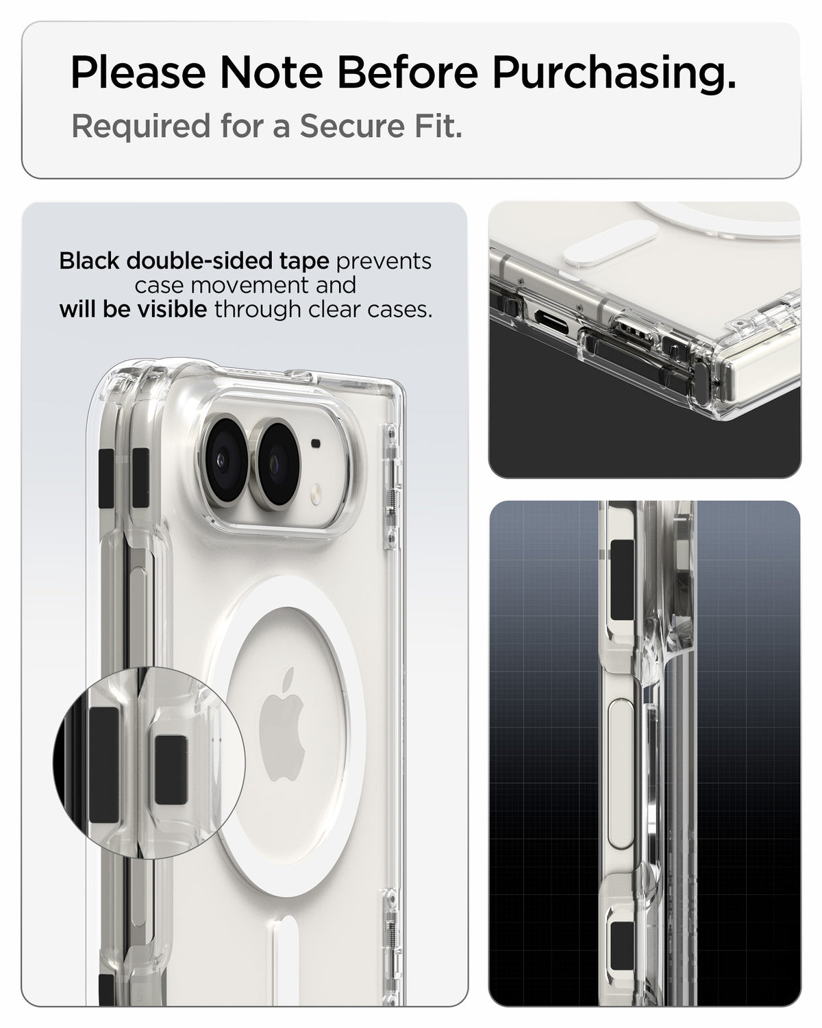  ACS11688 - iPhone Duo Ultra Hybrid Pro (Mag Fit) in Clear White showing black adhesive strips visible through a transparent phone case, with close-up views of the adhesive placement along the edges.