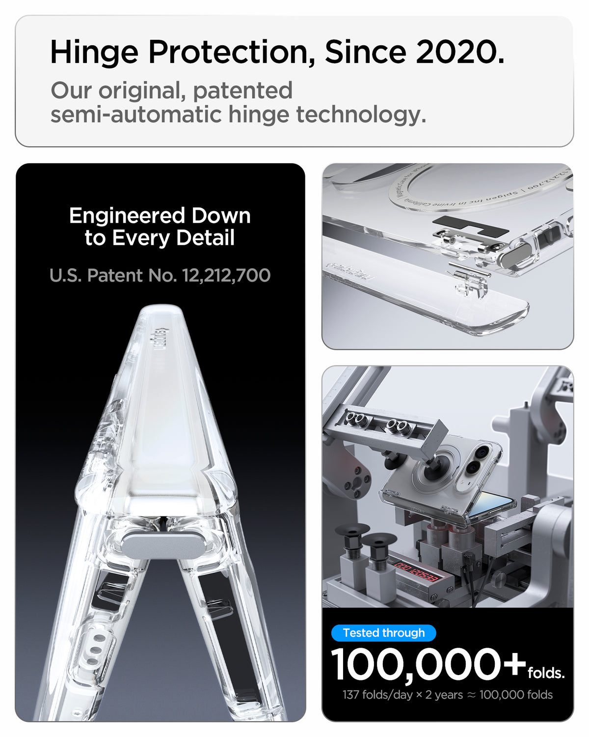 ACS11782 - iPhone Duo  Ultra Hybrid Pro S (Mag Fit) showing the hinge protection mechanism, internal components, and a folding durability test of over 100,000 folds