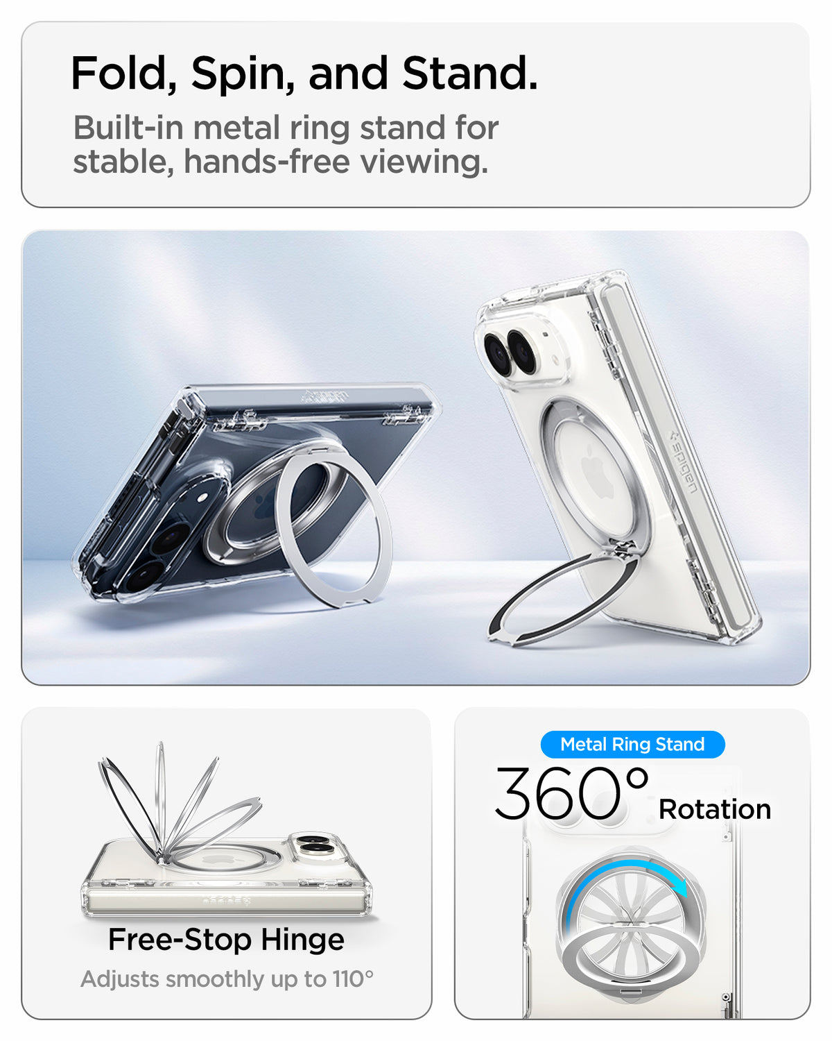 ACS11782 - iPhone Duo  Ultra Hybrid Pro S (Mag Fit) showing two foldable phones supported by metal ring stands with illustrations of adjustable angles and 360-degree rotation