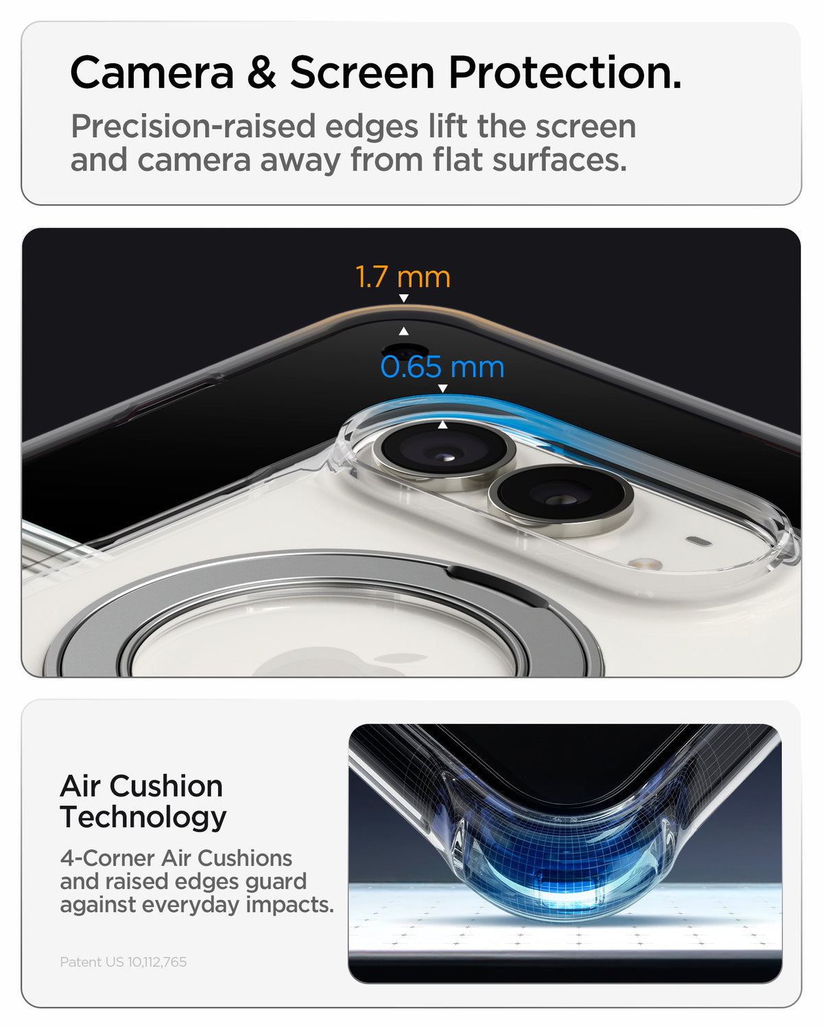 ACS11782 - iPhone Duo  Ultra Hybrid Pro S (Mag Fit) showing raised camera and screen edges with measurements and an illustration of air cushion corner protection