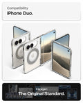 ACS11782 - iPhone Duo  Ultra Hybrid Pro S (Mag Fit) showing multiple views of a clear foldable phone case with a metal ring stand and iPhone Duo compatibility information