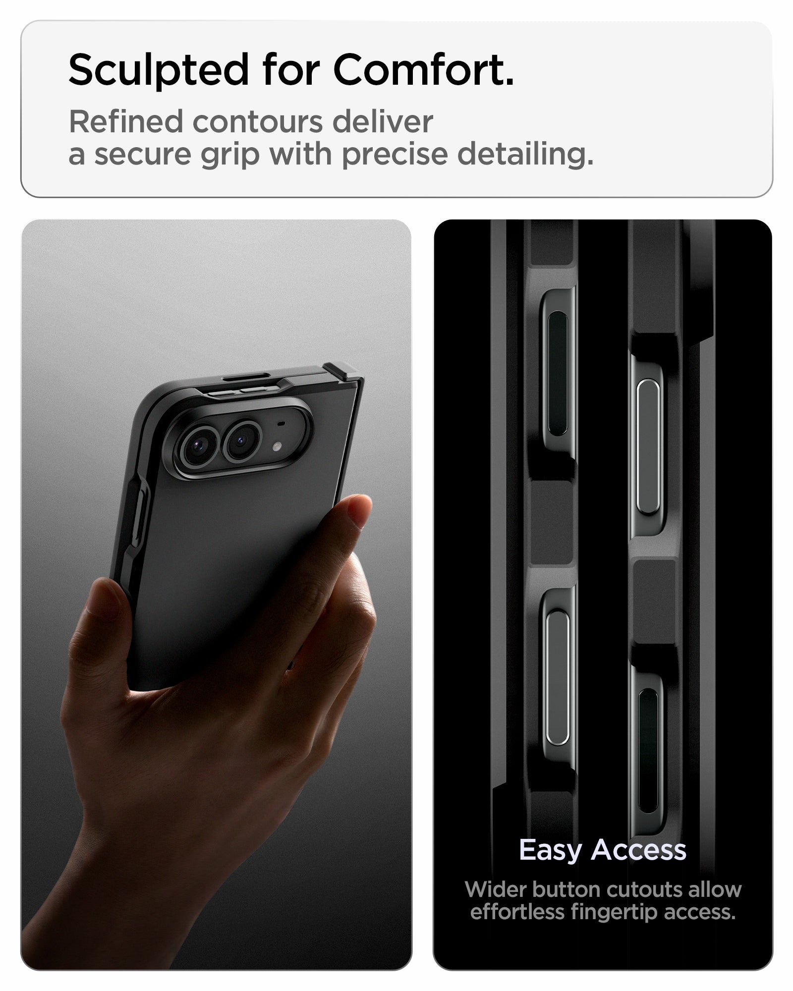 ACS11690 - iPhone Duo Tough Armor Pro (Mag Fit) in Black showing contoured edges and wider button cutouts designed for a secure grip and easy access