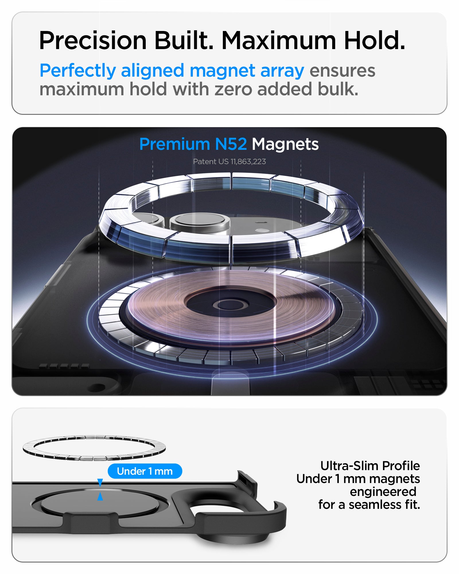 ACS11690 - iPhone Duo Tough Armor Pro (Mag Fit) in Black showing an aligned N52 magnet array and ultra-slim magnetic profile