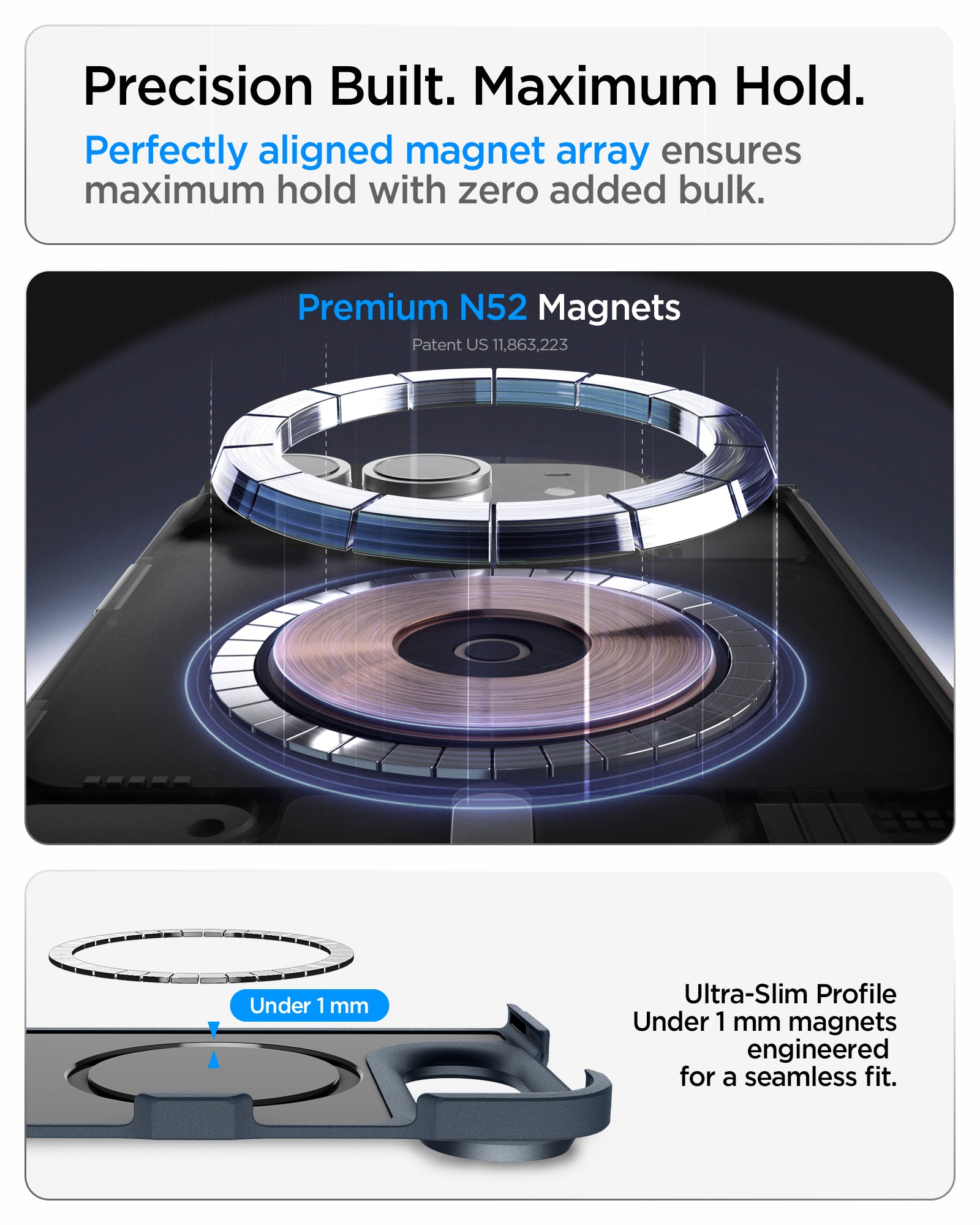 ACS11691 - iPhone Duo Tough Armor Pro (Mag Fit) in Metal Slate showing an aligned N52 magnet array and ultra-slim magnetic profile