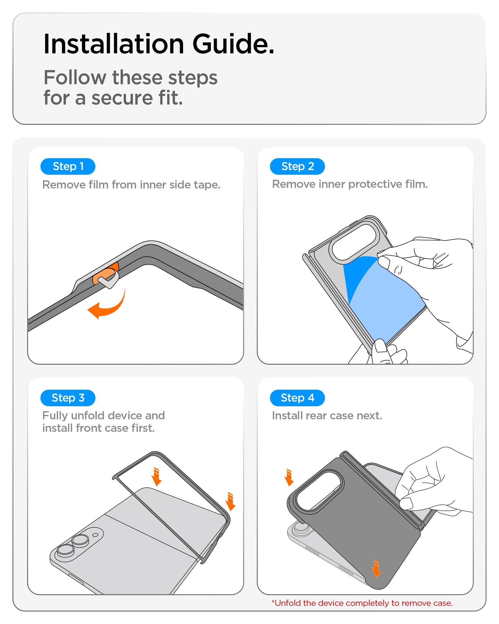 ACS11781 - iPhone Duo Ultra Hybrid Pro showing a four-step installation guide for removing protective films and securely installing the front and rear case