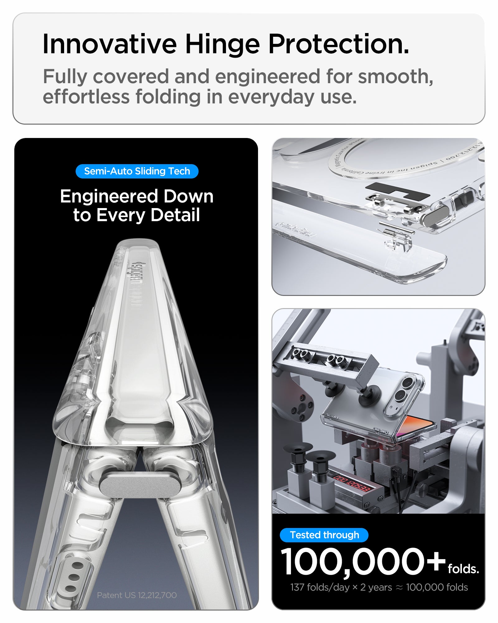 ACS11781 - iPhone Duo Ultra Hybrid Pro showing semi-auto sliding hinge protection engineered for smooth folding and tested through 100,000+ folds