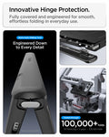 ACS11689 - iPhone Duo Ultra Hybrid Pro (Mag Fit) in Frost Black showing the hinge protection system with sliding components and fold testing