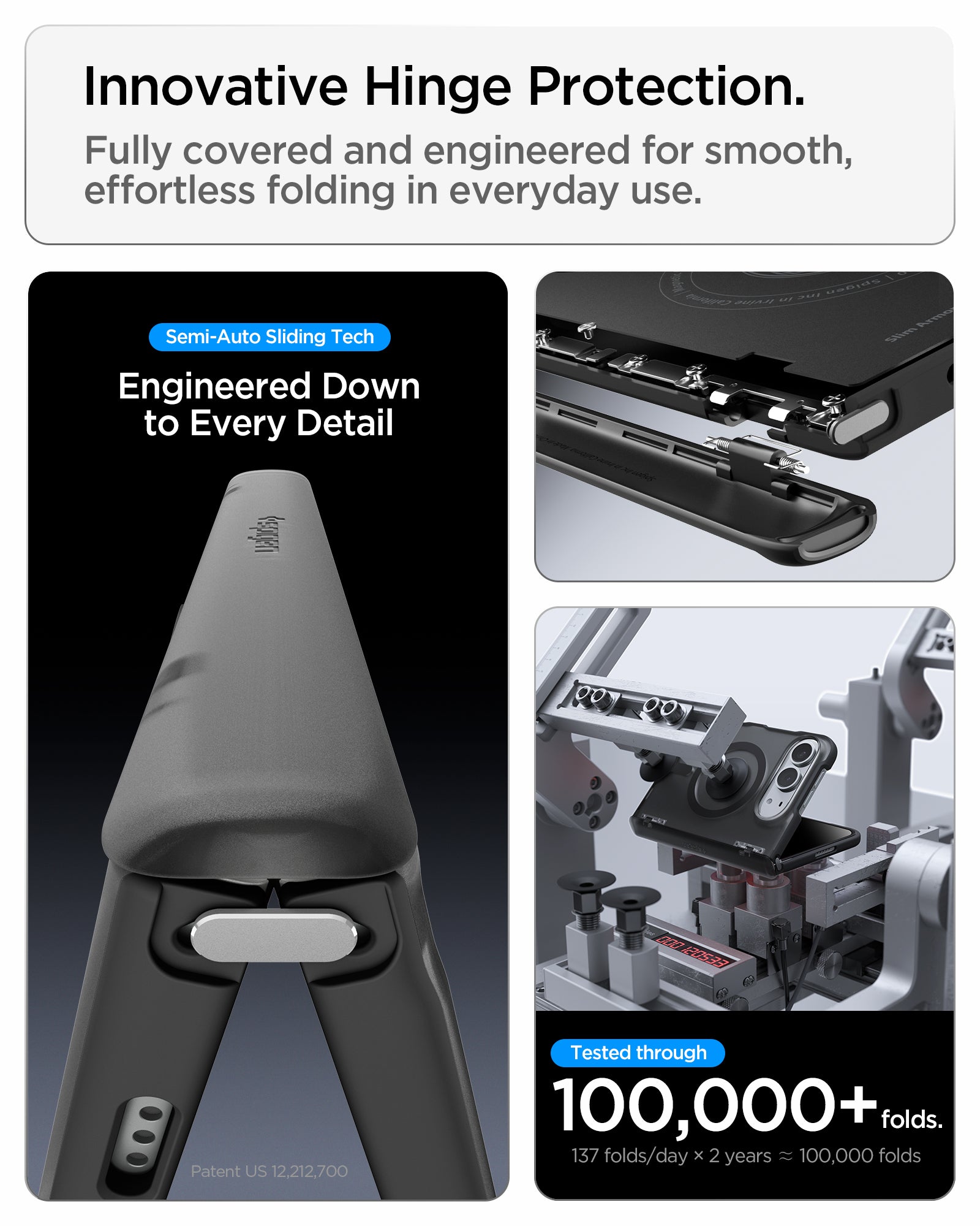 ACS11689 - iPhone Duo Ultra Hybrid Pro (Mag Fit) in Frost Black showing the hinge protection system with sliding components and fold testing