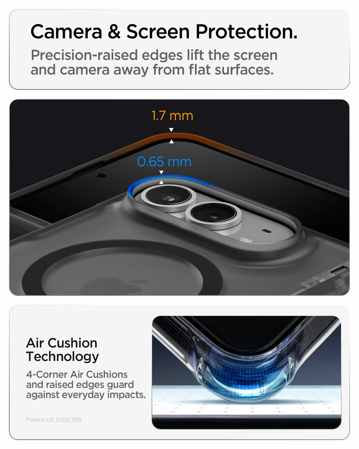 ACS11689 - iPhone Duo Ultra Hybrid Pro (Mag Fit) in Frost Black showing raised screen and camera edges with reinforced corner cushioning