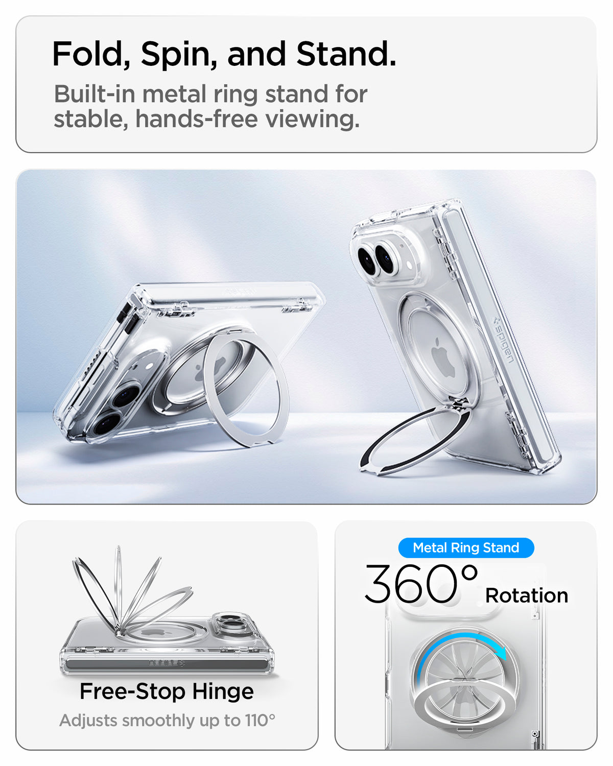 ACS11782 - iPhone Duo  Ultra Hybrid Pro S (Mag Fit) showing fold, spin, and stand free stop hinge and 360 rotation