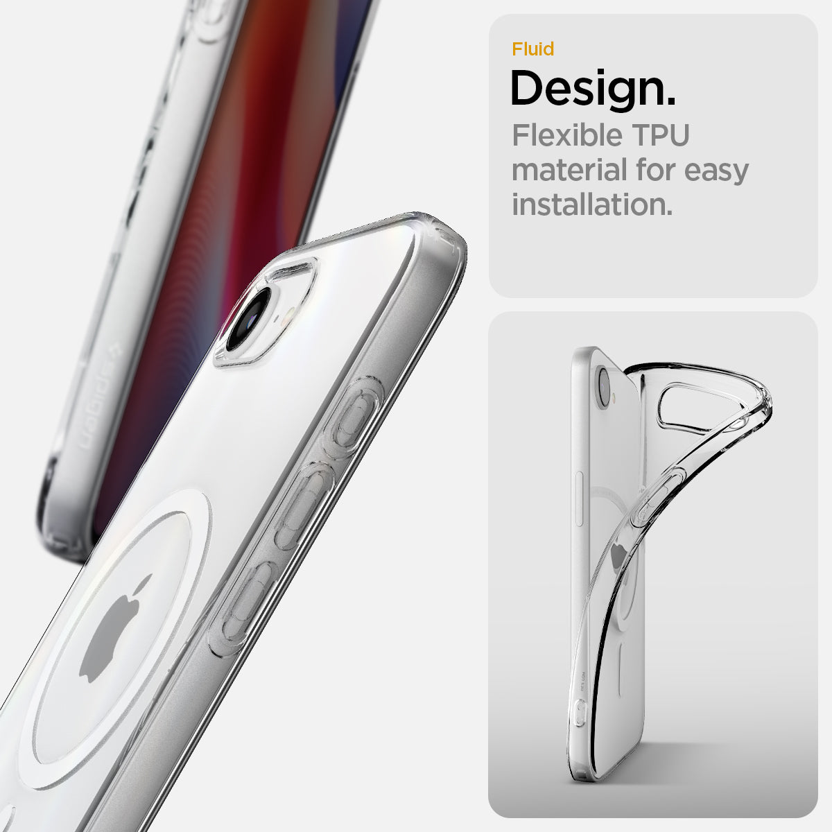 ACS09150 - iPhone 16e Case Liquid Crystal (MagFit) in Clear White showing the fluid design. Flexible TPU material for easy installation
