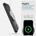 ACS09135 - iPhone 16e Case Thin Fit (MagFit) in Black showing the stronger MagFit. Improved magnets for snappy and strong connection. 