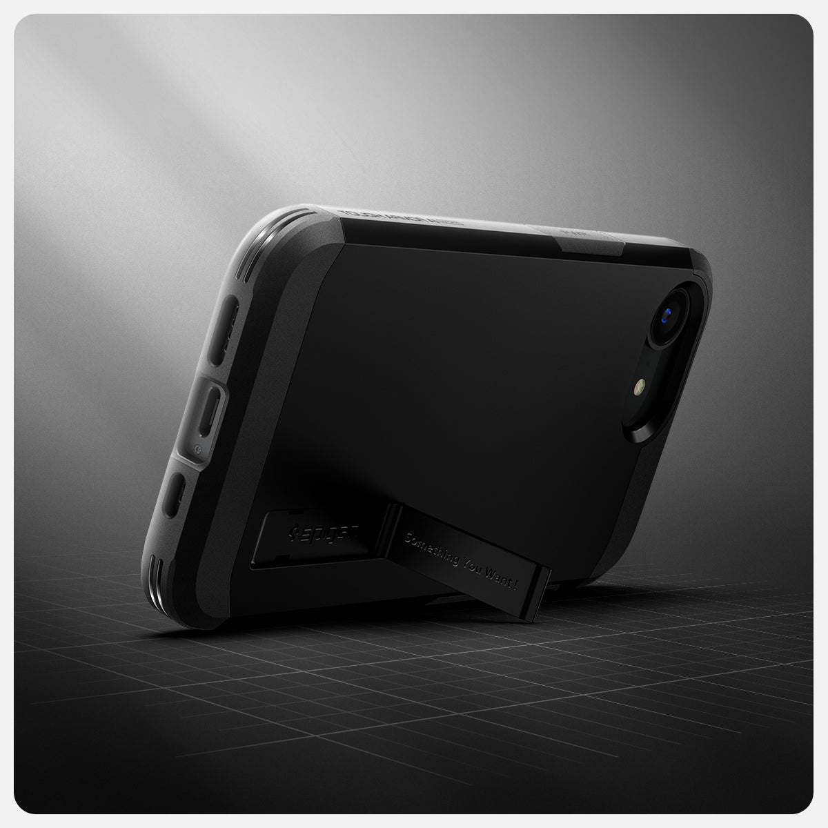 ACS09137 - iPhone 16e Case Tough Armor AI (MagFit) in Black showing the back, propped up with the built-in kickstand