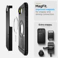 ACS09137 - iPhone 16e Case Tough Armor AI (MagFit) in Black showing the stronger MagFit. Improved magnets for snappy and strong connection. 