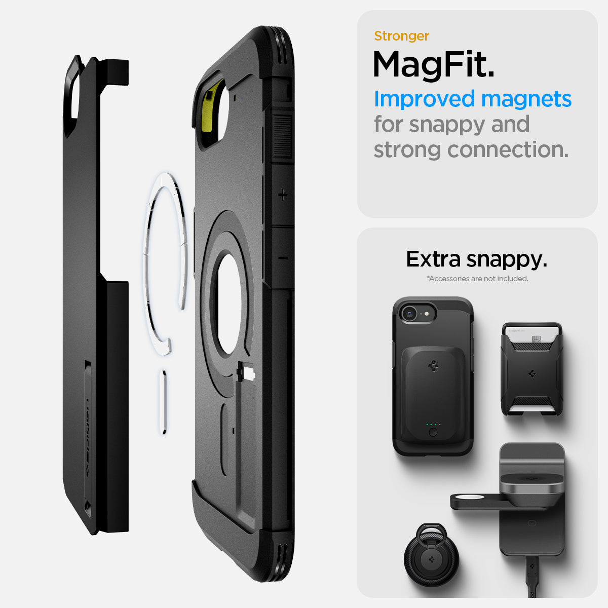 ACS09137 - iPhone 16e Case Tough Armor AI (MagFit) in Black showing the stronger MagFit. Improved magnets for snappy and strong connection. 