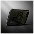 ACS09138 - iPhone 16e Case Tough Armor AI (MagFit) in Frost Black showing the back, propped up with the built-in kickstand