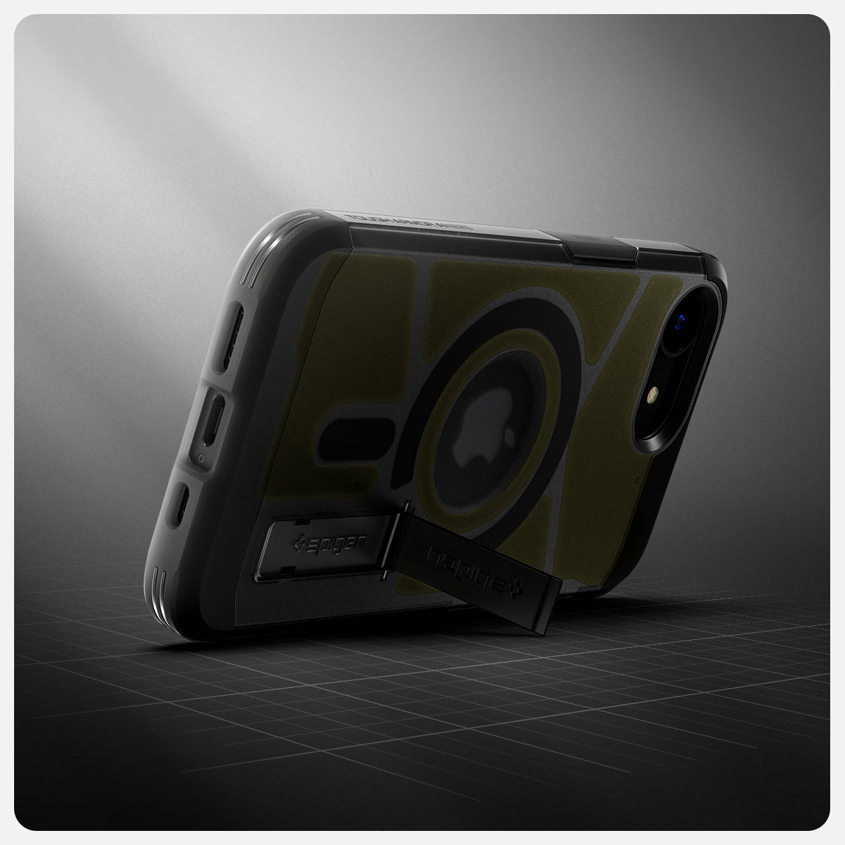 ACS09138 - iPhone 16e Case Tough Armor AI (MagFit) in Frost Black showing the back, propped up with the built-in kickstand