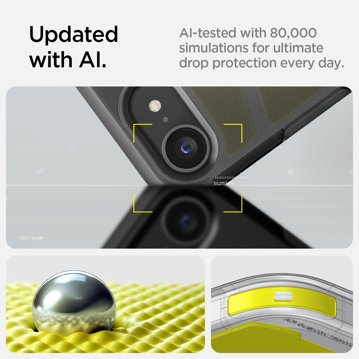 ACS09138 - iPhone 16e Case Tough Armor AI (MagFit) in Frost Black showing the updated with AI. AI-tested with 80,000 simulations for ultimate drop protection everyday