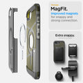 ACS09138 - iPhone 16e Case Tough Armor AI (MagFit) in Frost Black showing the stronger MagFit. Improved magnets for snappy and strong connection. 
