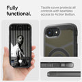 ACS09138 - iPhone 16e Case Tough Armor AI (MagFit) in Frost Black showing how it is fully functional. Tactile cover protects all controls with seamless access to Action Button