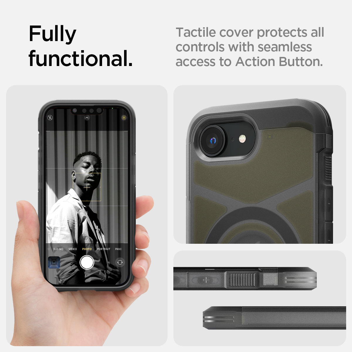 ACS09138 - iPhone 16e Case Tough Armor AI (MagFit) in Frost Black showing how it is fully functional. Tactile cover protects all controls with seamless access to Action Button