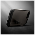 ACS09136 - iPhone 16e Case Tough Armor AI (MagFit) in Gunmetal showing the back, propped up with the built-in kickstand