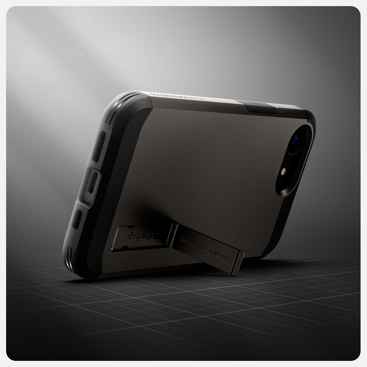 ACS09136 - iPhone 16e Case Tough Armor AI (MagFit) in Gunmetal showing the back, propped up with the built-in kickstand