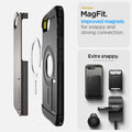 ACS09136 - iPhone 16e Case Tough Armor AI (MagFit) in Gunmetal showing the stronger MagFit. Improved magnets for snappy and strong connection. 