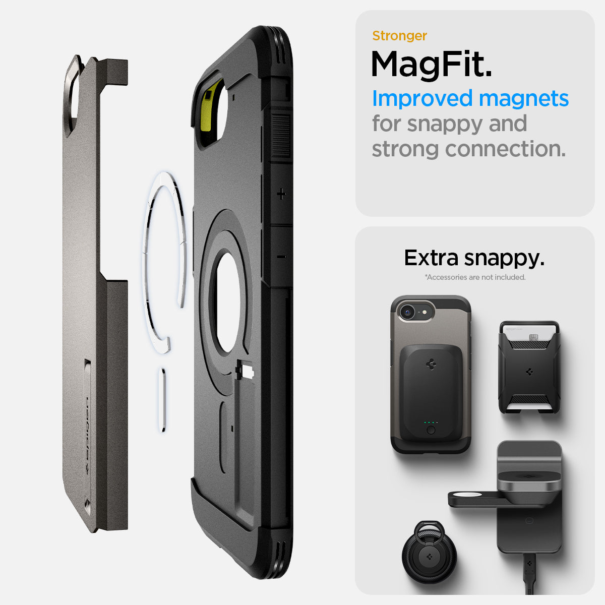 ACS09136 - iPhone 16e Case Tough Armor AI (MagFit) in Gunmetal showing the stronger MagFit. Improved magnets for snappy and strong connection. 