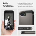ACS09136 - iPhone 16e Case Tough Armor AI (MagFit) in Gunmetal showing how it is fully functional. Tactile cover protects all controls with seamless access to Action Button