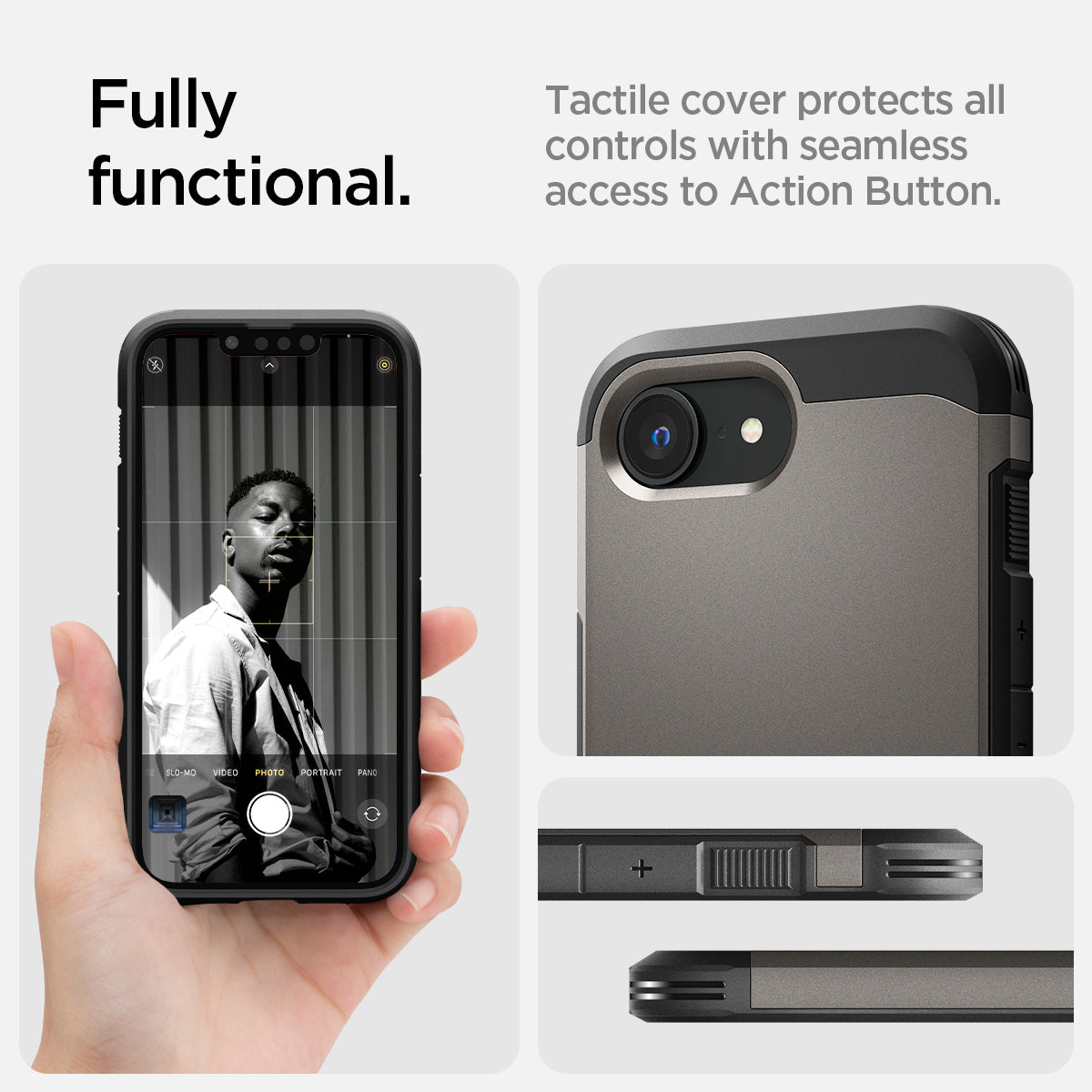 ACS09136 - iPhone 16e Case Tough Armor AI (MagFit) in Gunmetal showing how it is fully functional. Tactile cover protects all controls with seamless access to Action Button