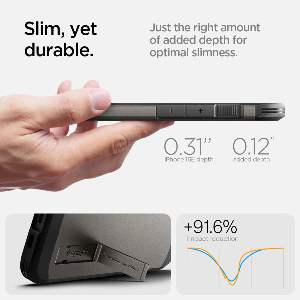 ACS09136 - iPhone 16e Case Tough Armor AI (MagFit) in Gunmetal showing the slim, yet durable. Just the right amount of added depth for optimal slimness. 0.31" iPhone 16E depth 0.12" added depth | +91.6% impact reduction