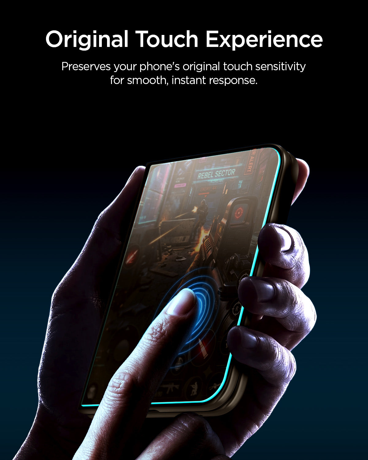AGL12009 - iPhone Duo GLAS.tR EZ Fit Pro | Privacy showing a hand interacting with the protected display to demonstrate responsive touch sensitivity.