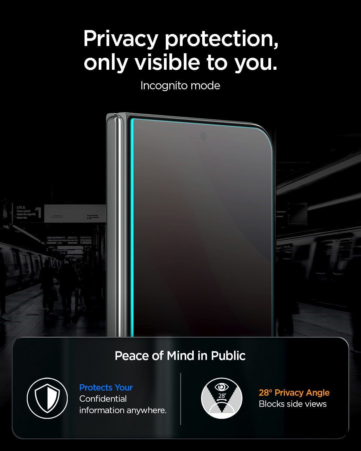 AGL12009 - iPhone Duo GLAS.tR EZ Fit Pro | Privacy showing the privacy screen limiting side visibility with a 28-degree privacy viewing angle.