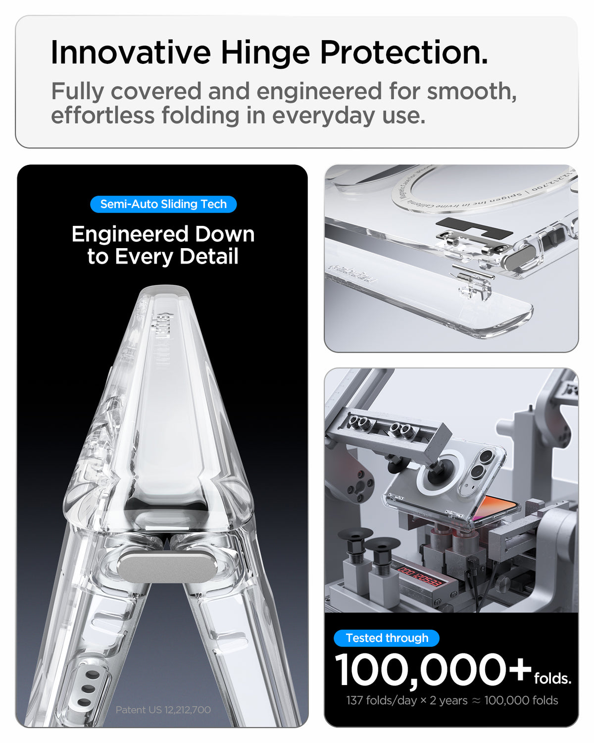 ACS11688 - iPhone Duo Ultra Hybrid Pro (Mag Fit) in Clear White showing the hinge protection system with sliding components and fold testing