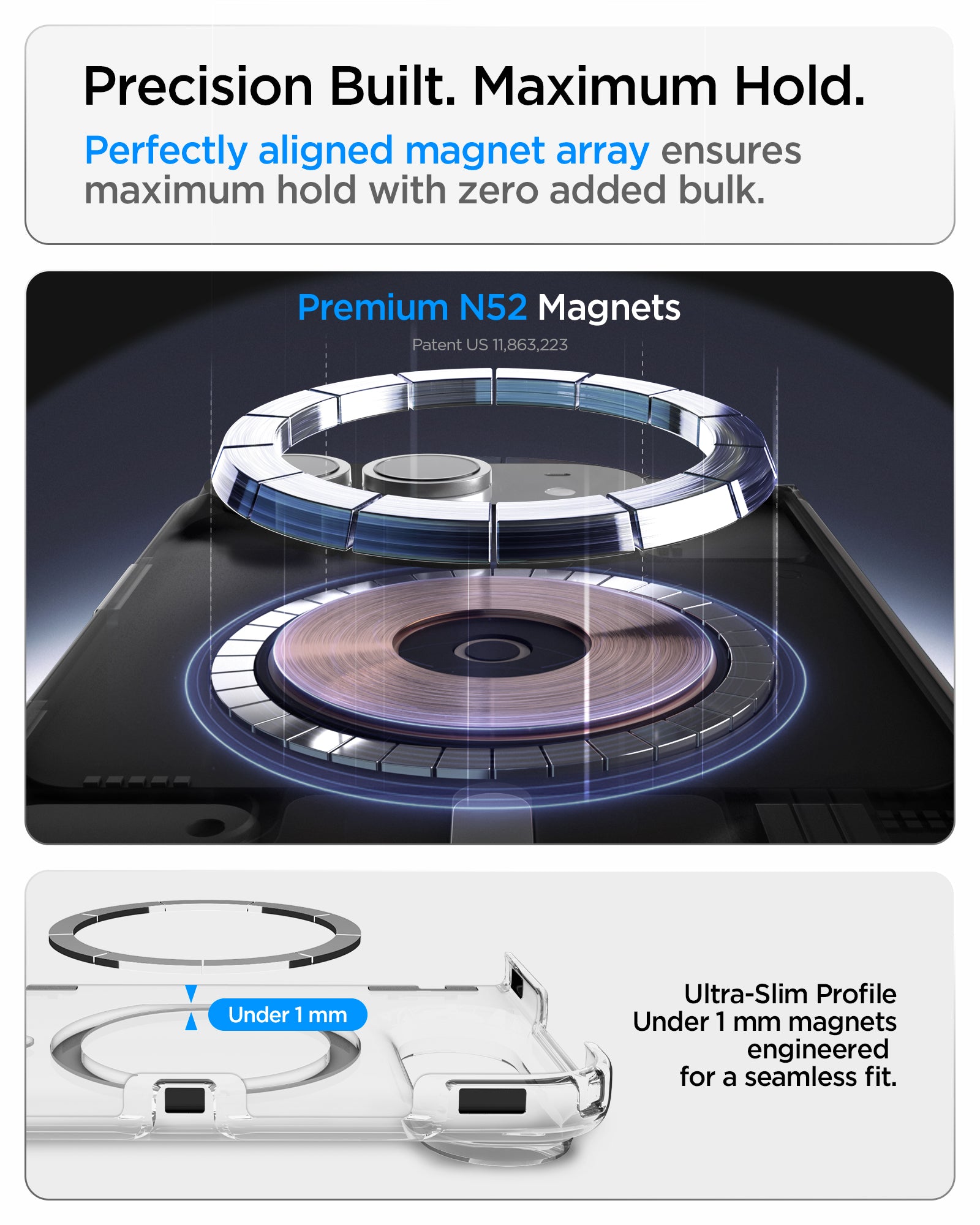 ACS11688 - iPhone Duo Ultra Hybrid Pro (Mag Fit) in Clear White showing an aligned N52 magnet array and ultra-slim magnetic profile