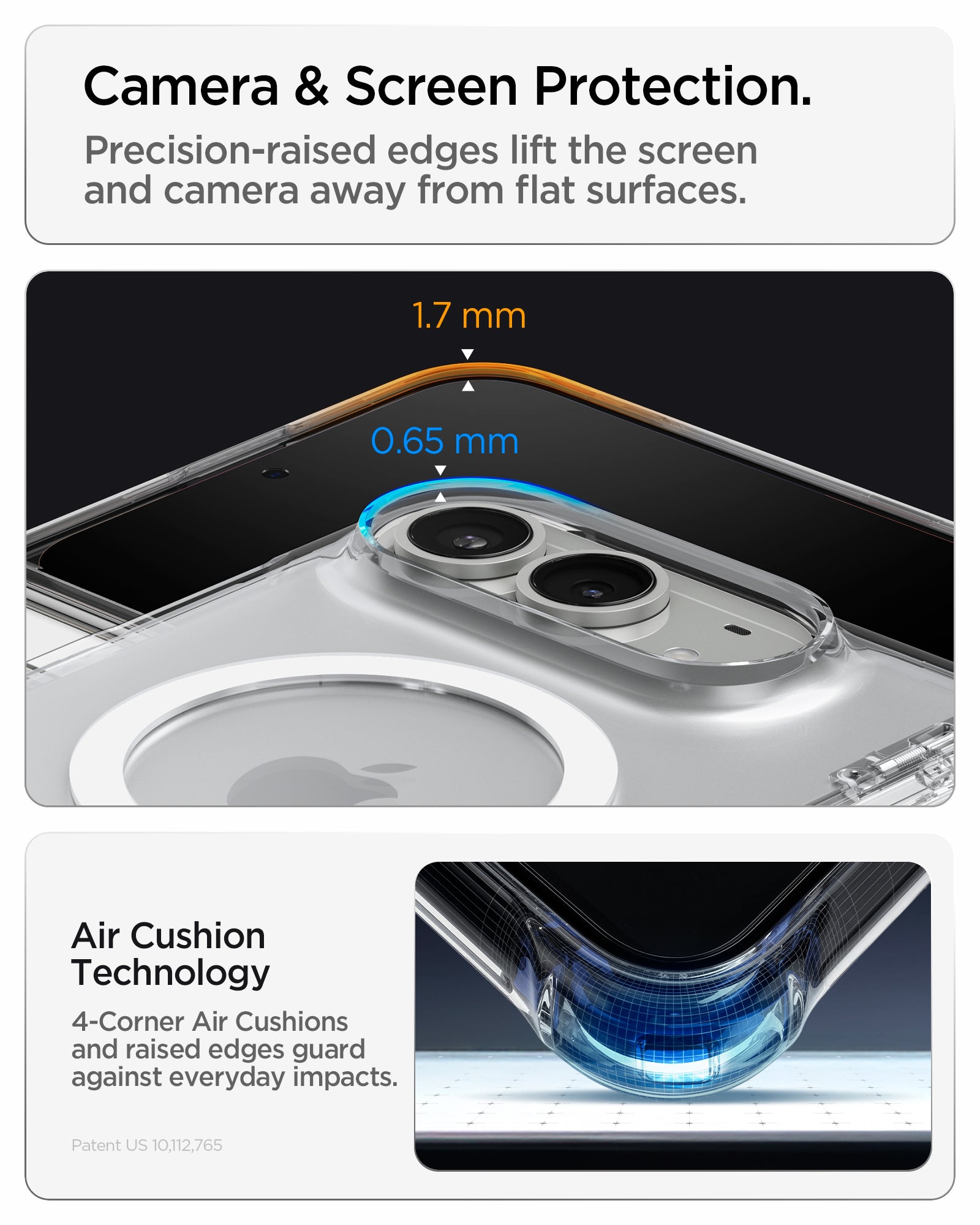 ACS11688 - iPhone Duo Ultra Hybrid Pro (Mag Fit) in Clear White showing raised screen and camera edges with reinforced corner cushioning