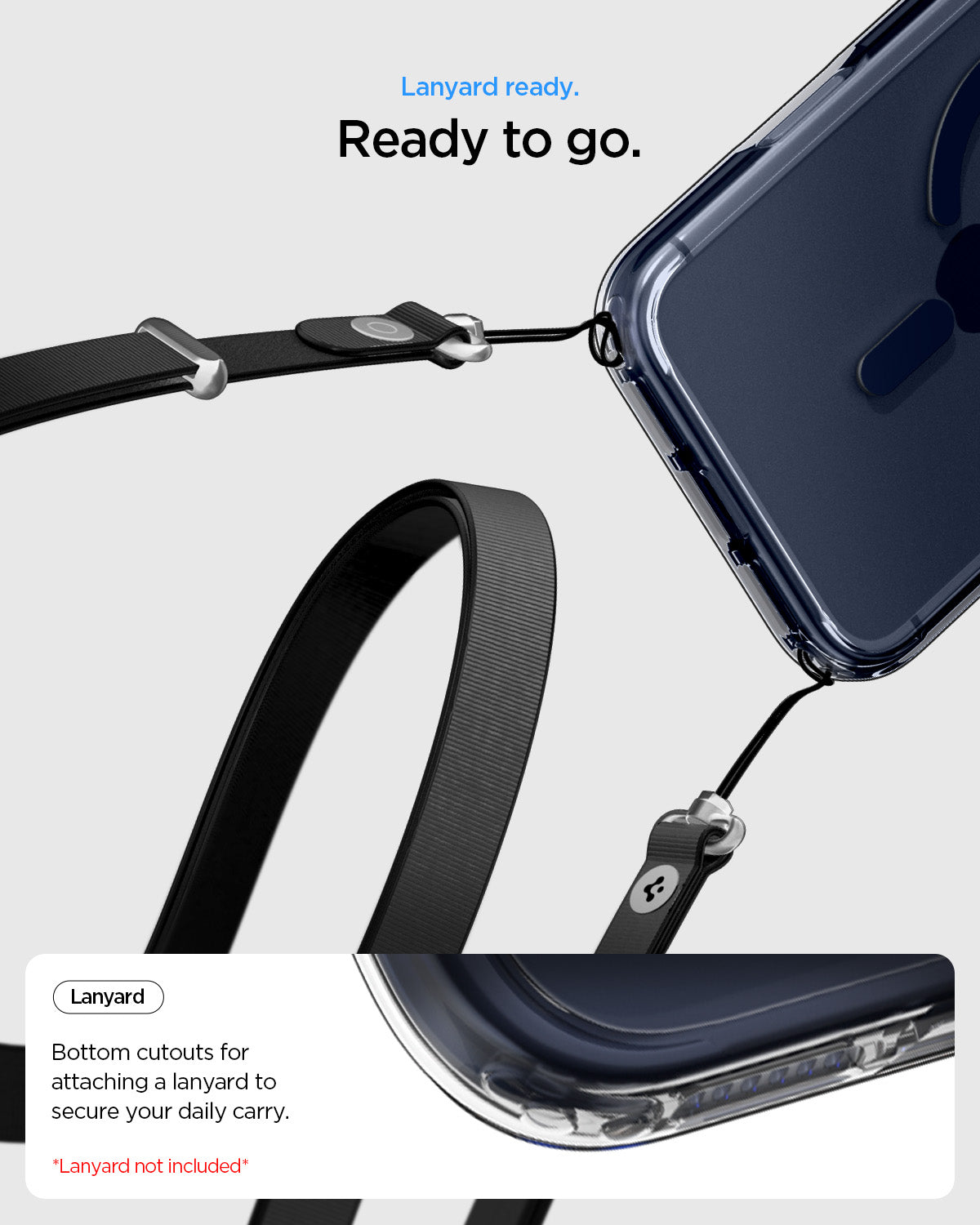 ACS10954 - iPhone 17 Pro Ultra Hybrid (MagFit) in Clear Deep Blue showing lanyard ready to go. bottom cutouts for attaching a lanyard to secure our daily carry